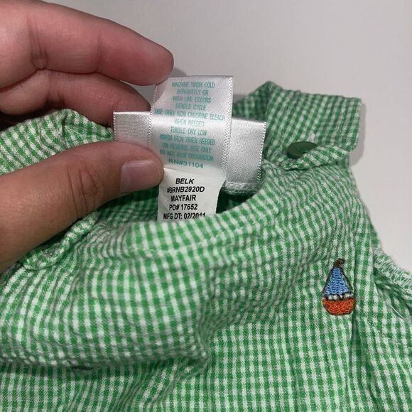 Nursery Rhyme Green & White Gingham Romper w/ Sail & Tug Boats - Sz 3/6 mths - Picture 4 of 6